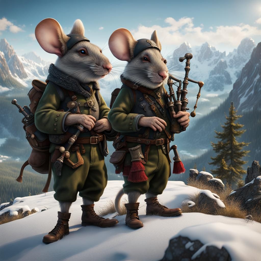 Mice Musicians on Snowy Peaks in Detailed Painting