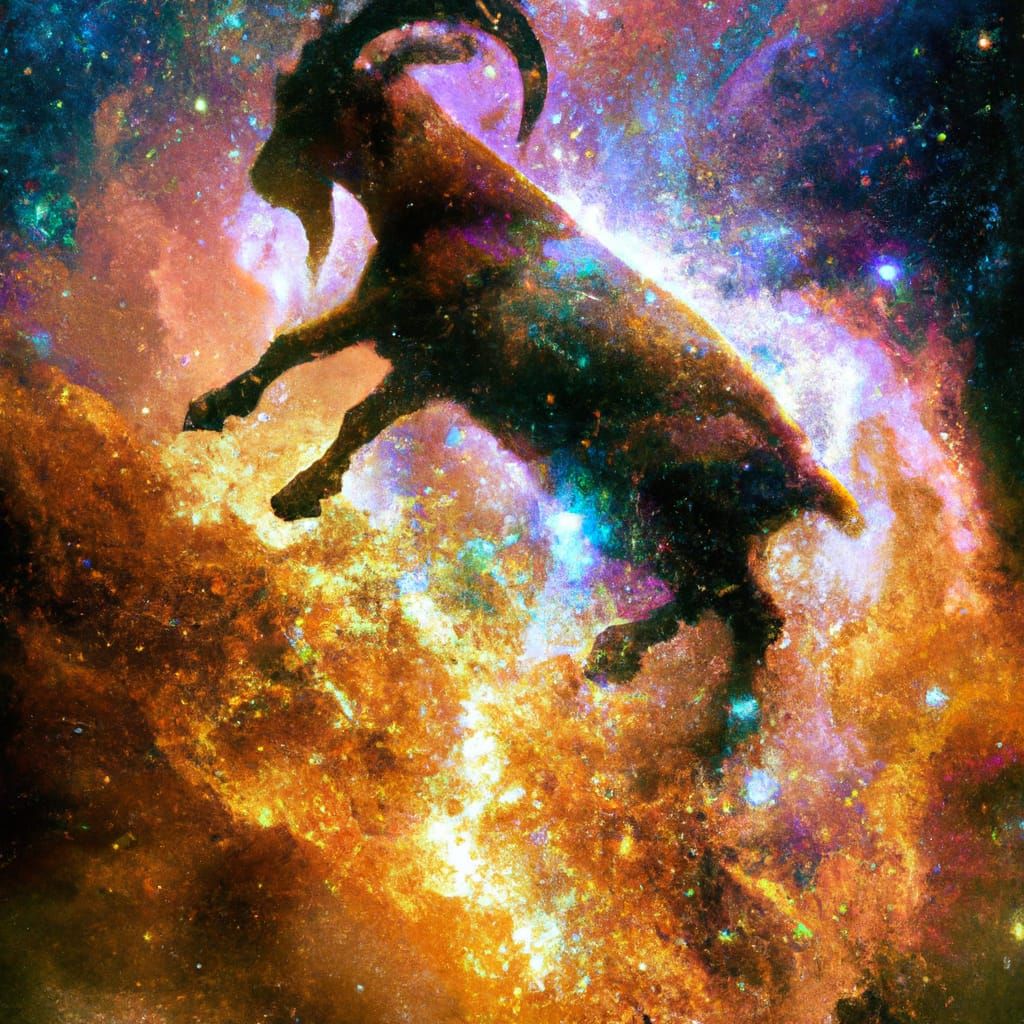 Goat Running Through Vibrant Space Nebula