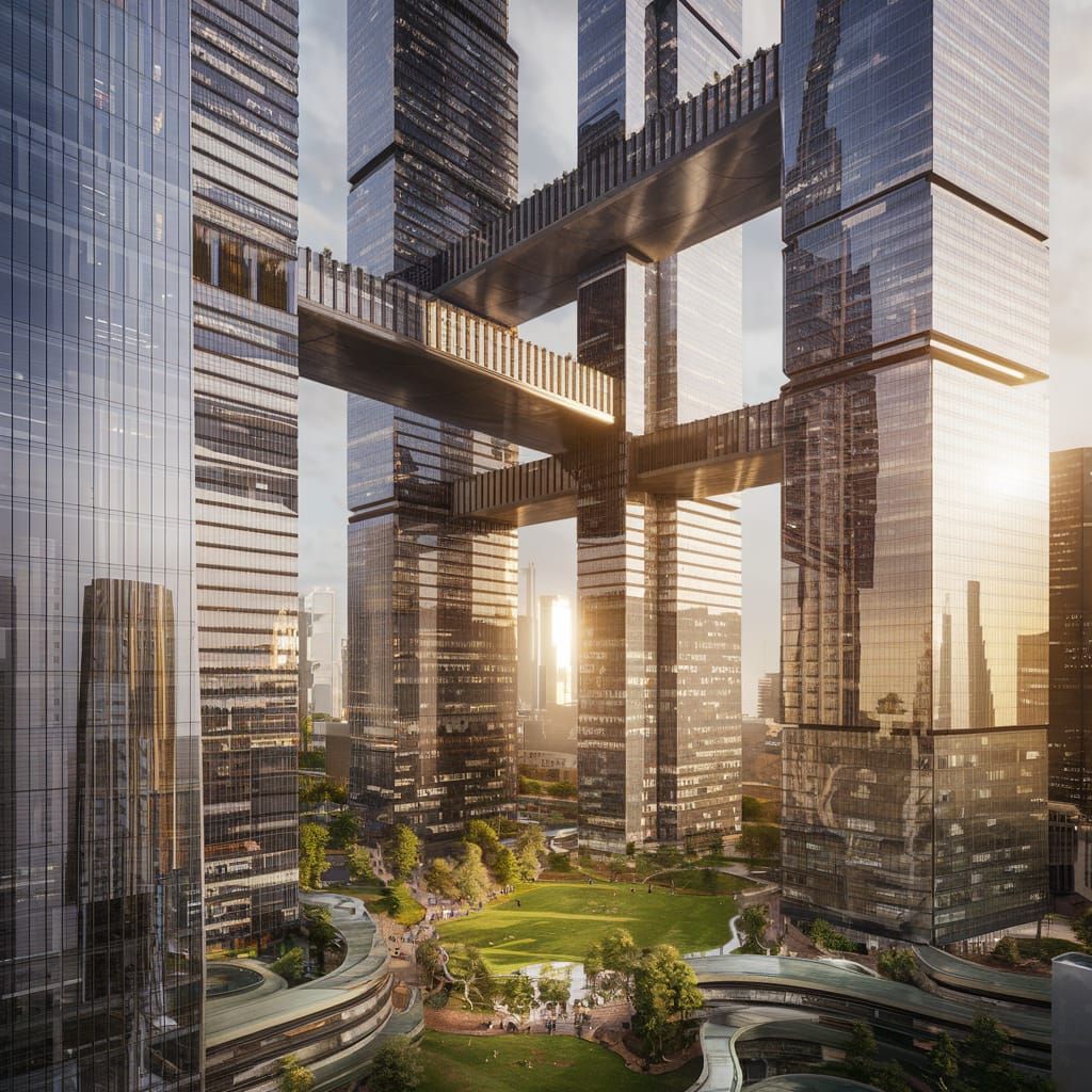 Futuristic Cityscape with Lush Green Park