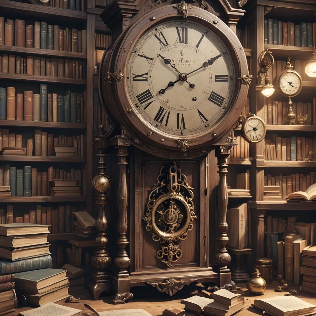 Gloomy Study with Antique Clock in Anime Style