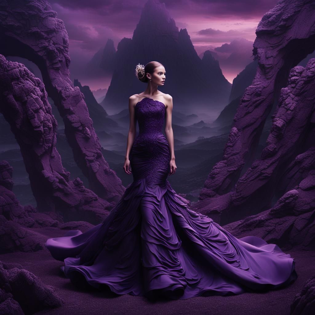 Fashion Model in Biomorphic Purple Dress: Digital Art