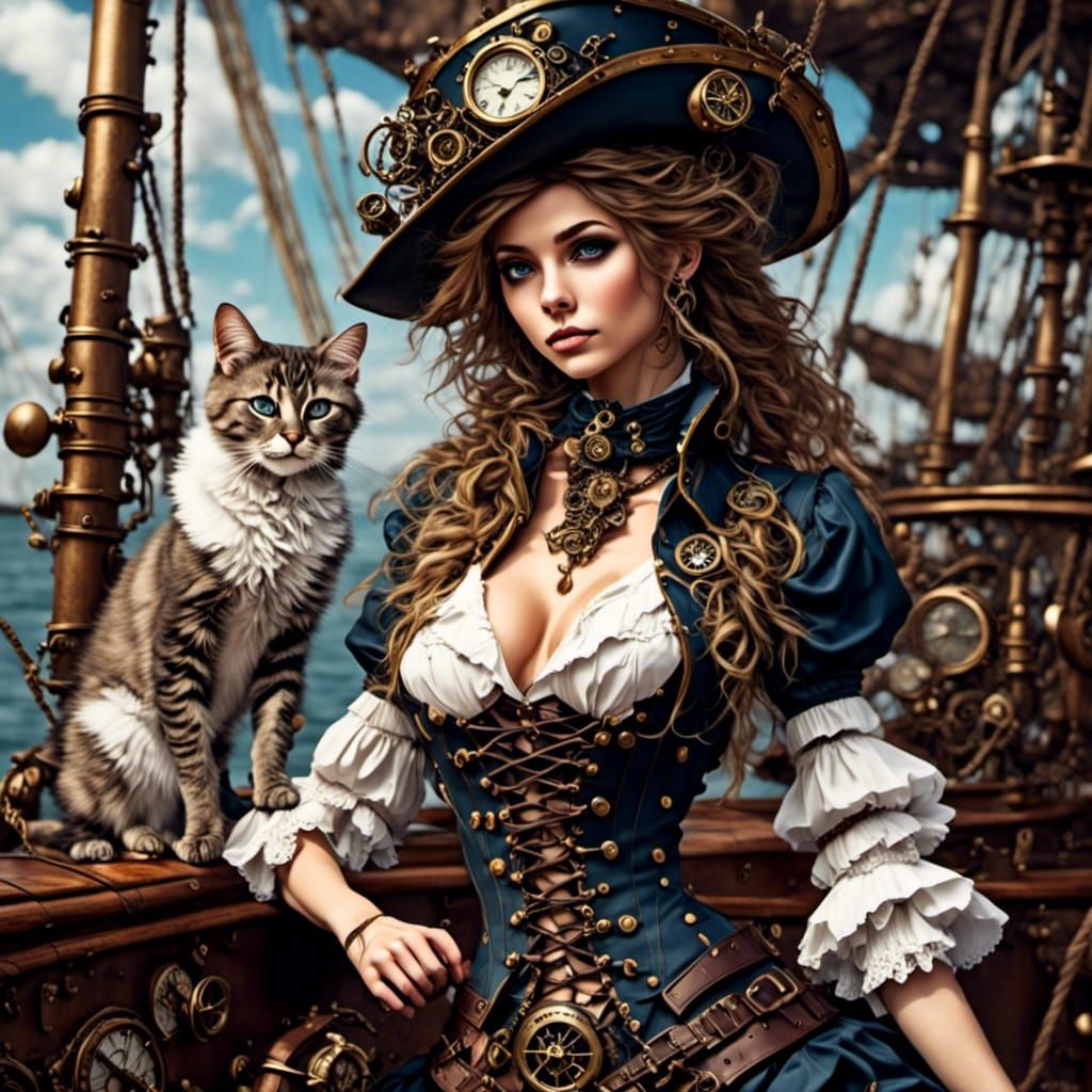 Steampunk Cat-Woman on Fantasy Sailing Ship