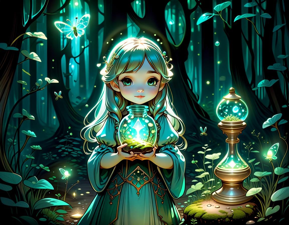 Chibi Girl in Bioluminescent Forest, Art Nouveau Style