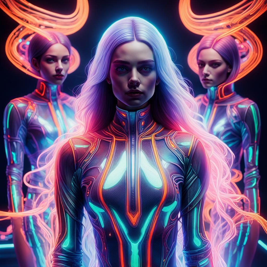 Glowing Neon Women in Cyberdelic Style