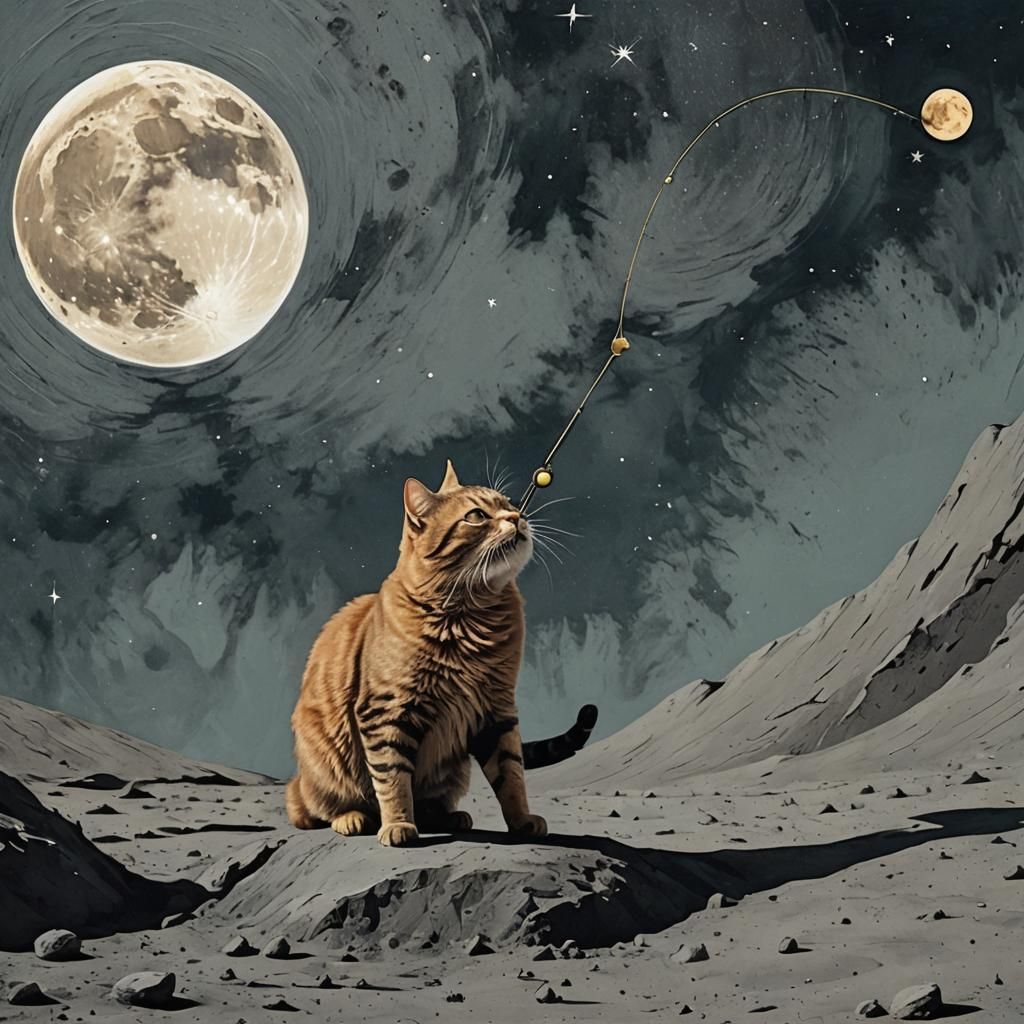 Cat Fishing on the Moon in Abstract Art