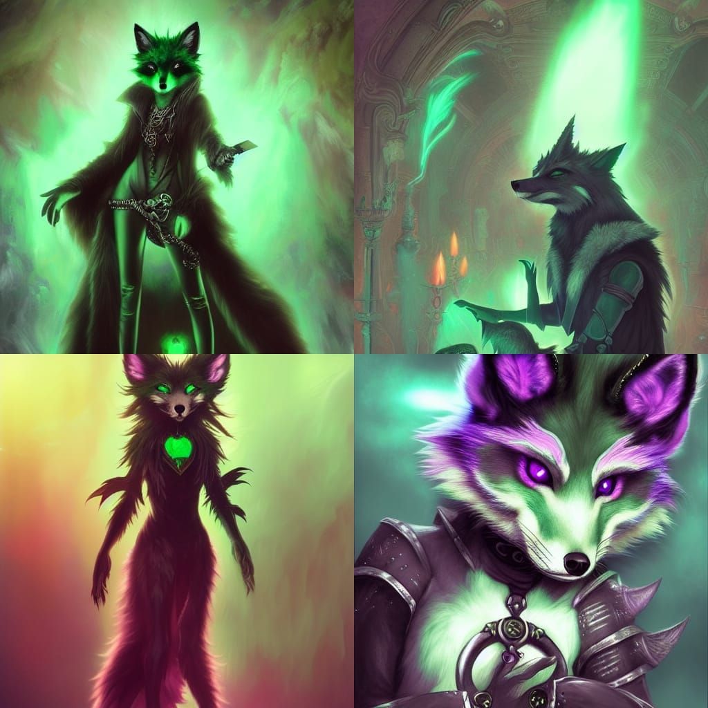 Green Fox Warlock Fursona in Voidpunk Style