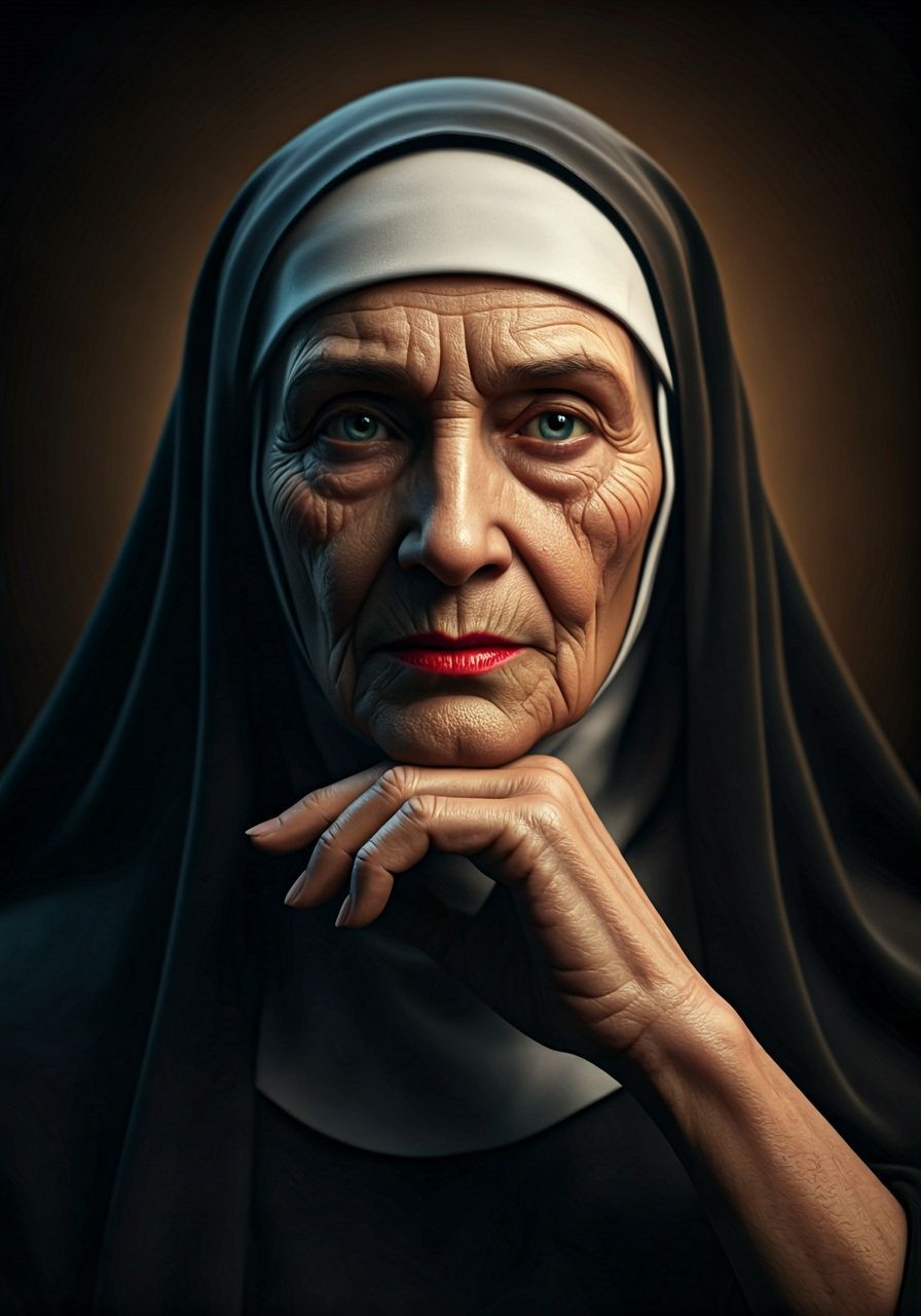 Elderly Nun's Melancholic Gaze in Cinematic Light