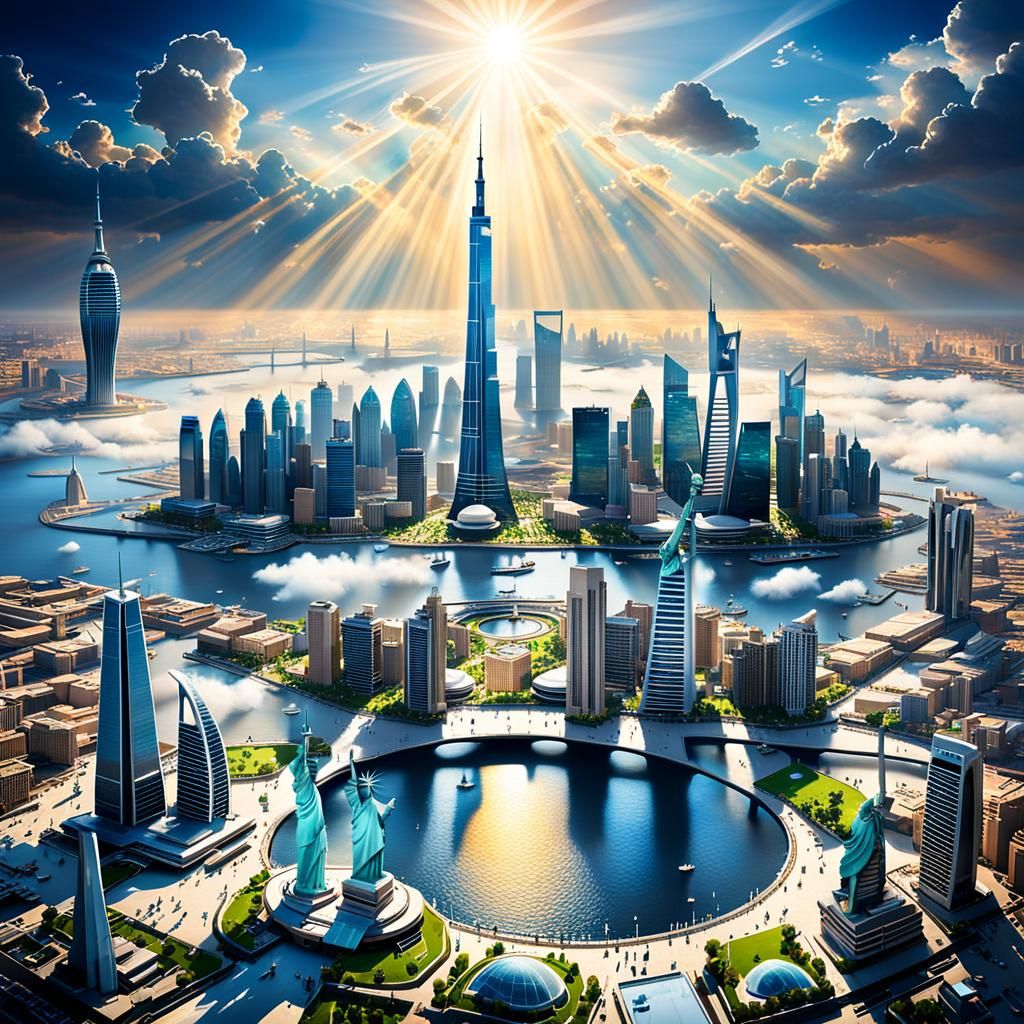 Imaginary City Nightscape with World Landmarks