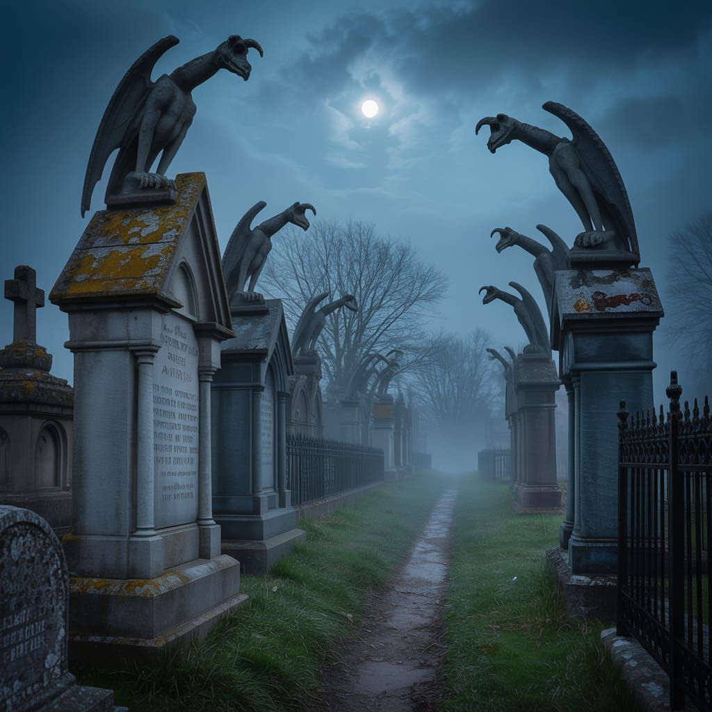 A gothic cemetery on a foggy night, with gray stoney gargoyl...