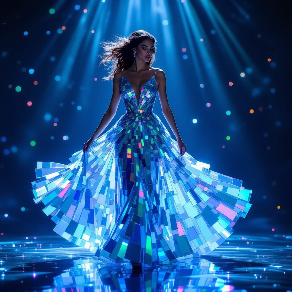 Woman in Iridescent Glass Dress with Dazzling Light Effects