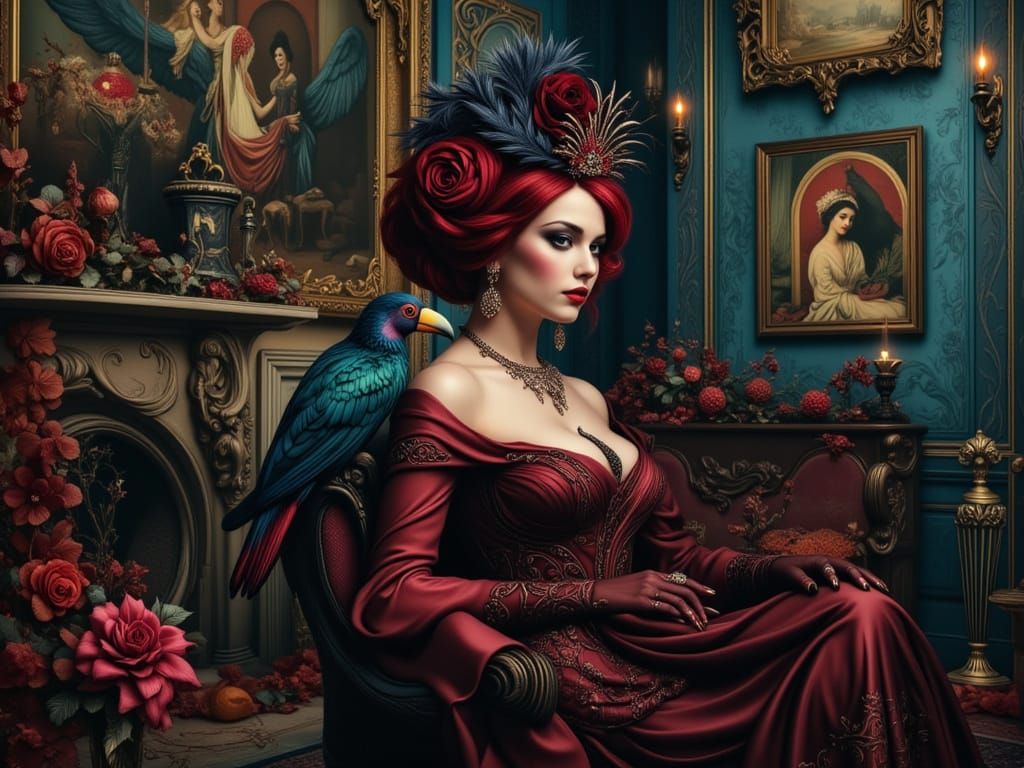 Red Baroness and Toucan Tea Party in Art Nouveau Style