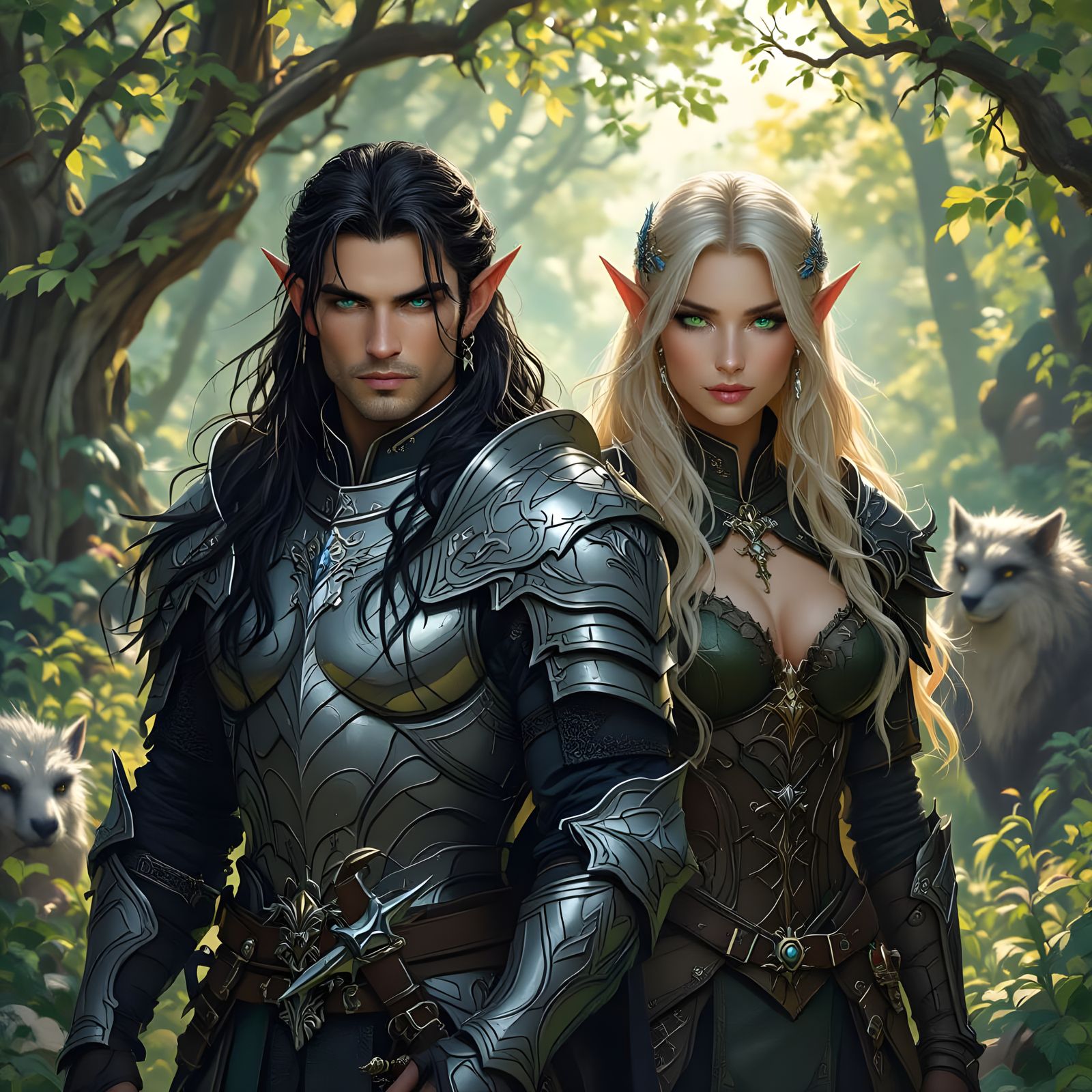 Elf Warriors in Mystical Forest Clearing