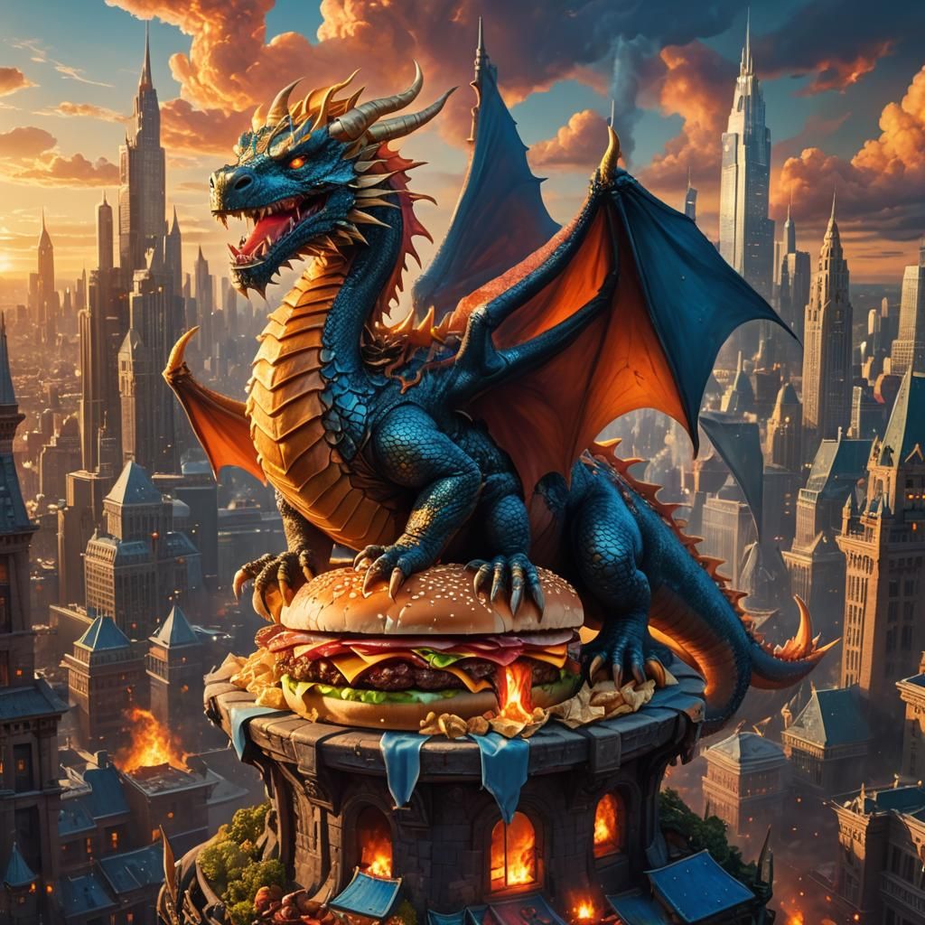 Hamburger Dragon on Bun Throne in Fantasy City