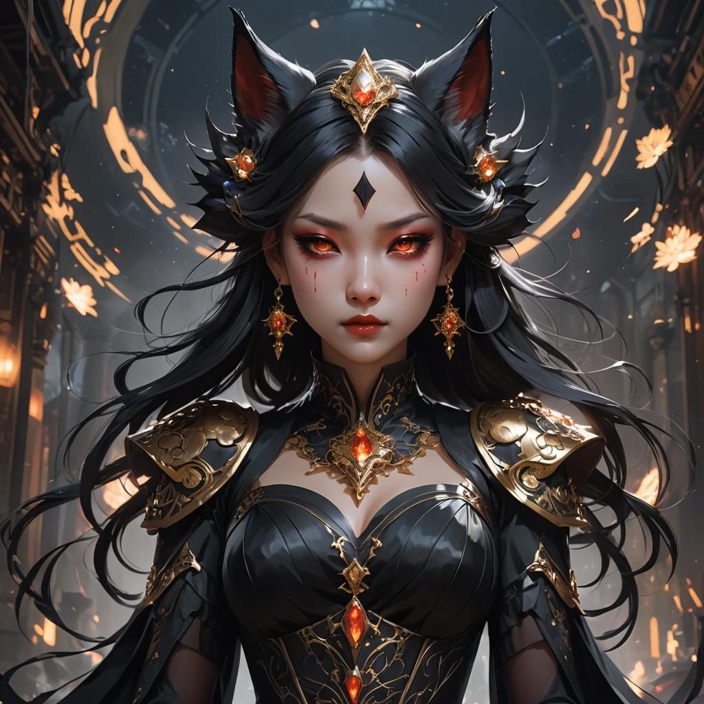 Black Kitsune Vampire Princess in Detailed Portrait