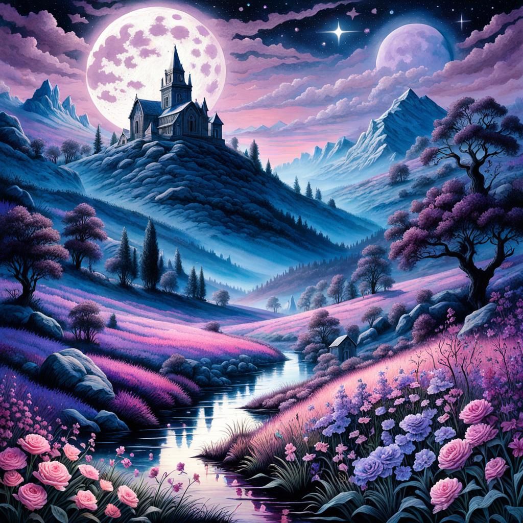 Graveyard Scene with Purple Moon in Watercolor Style