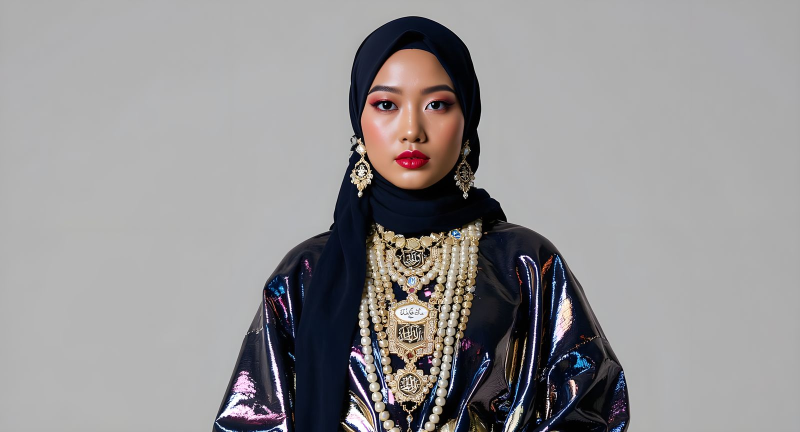 Hijab Fashion: Metallic Jumpsuit with Pearl Body Chain