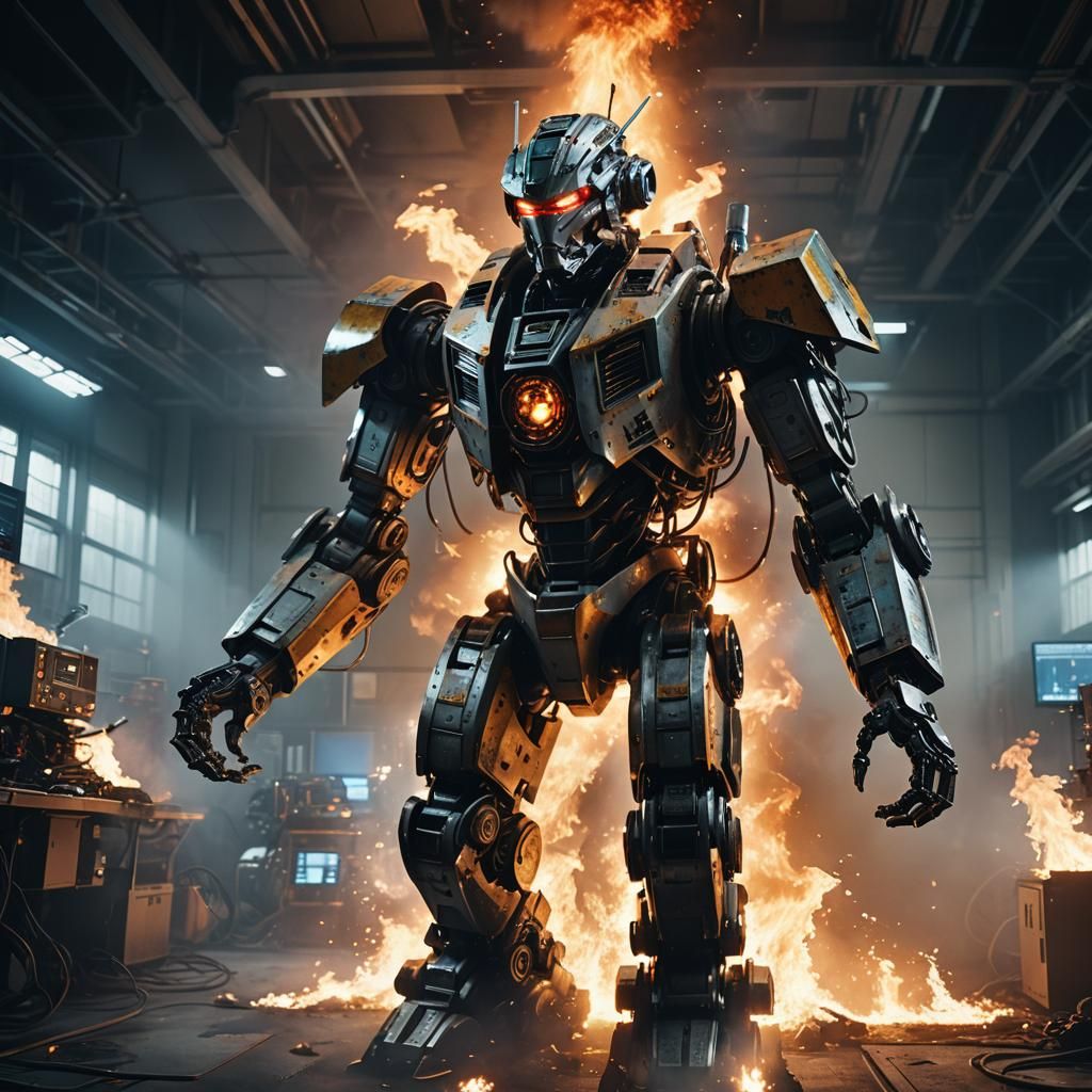 Robot Firefighter in Burning Server Room: Cinematic Sci-Fi