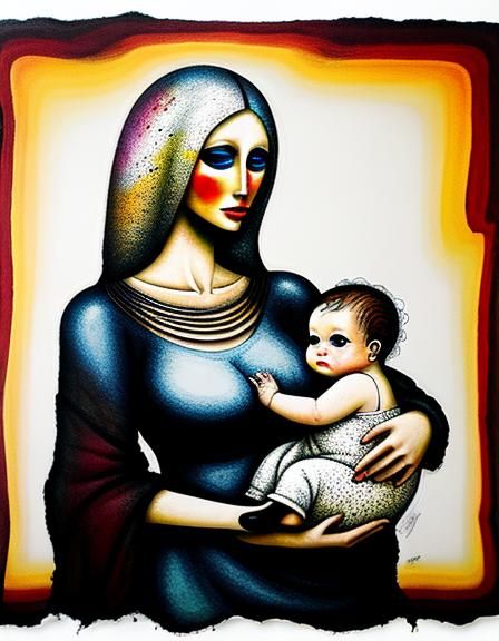 Abstract Mother and Baby Mixed Media Art