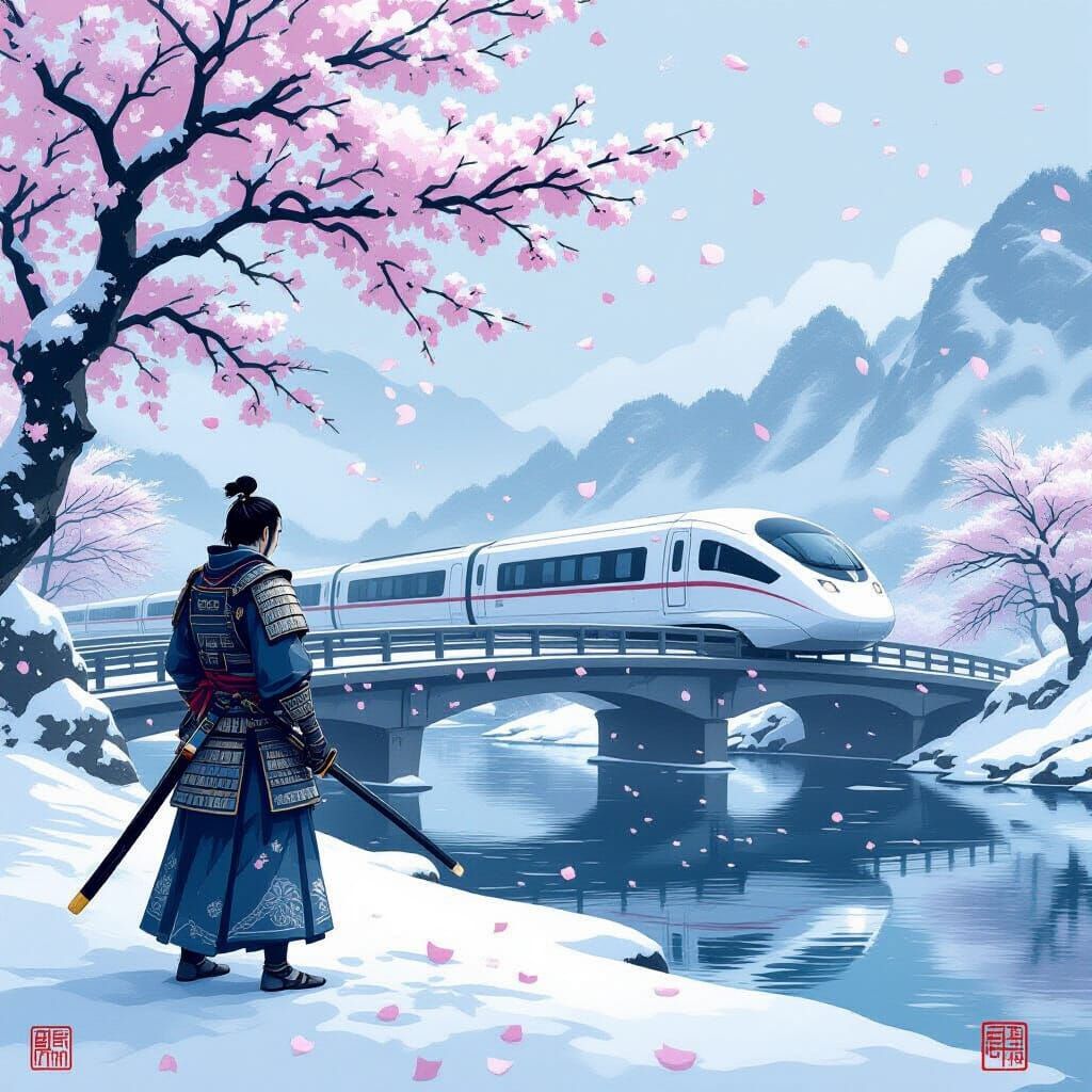 Samurai on Snowy Bridge Meets Sci-Fi Train