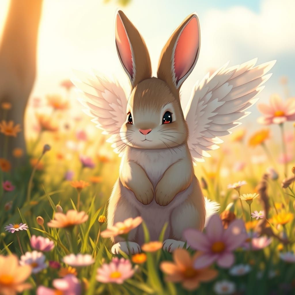 Whimsical Angel Bunny in a Vibrant Studio Ghibli-Inspired La...