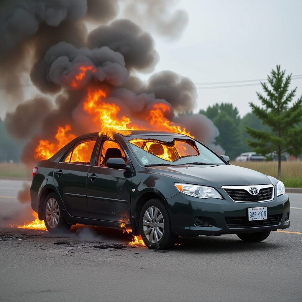 Burning Car with Gaping Hole Near TNT Explosives