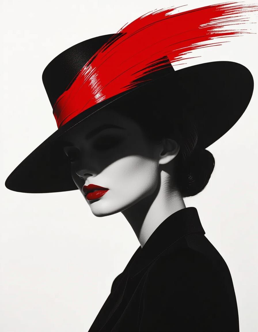 Woman in Shadow with Crimson Streak, Black and White Portrai...