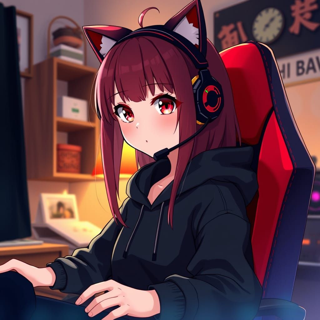 Gaming Girl in Cozy Anime-Inspired Setting
