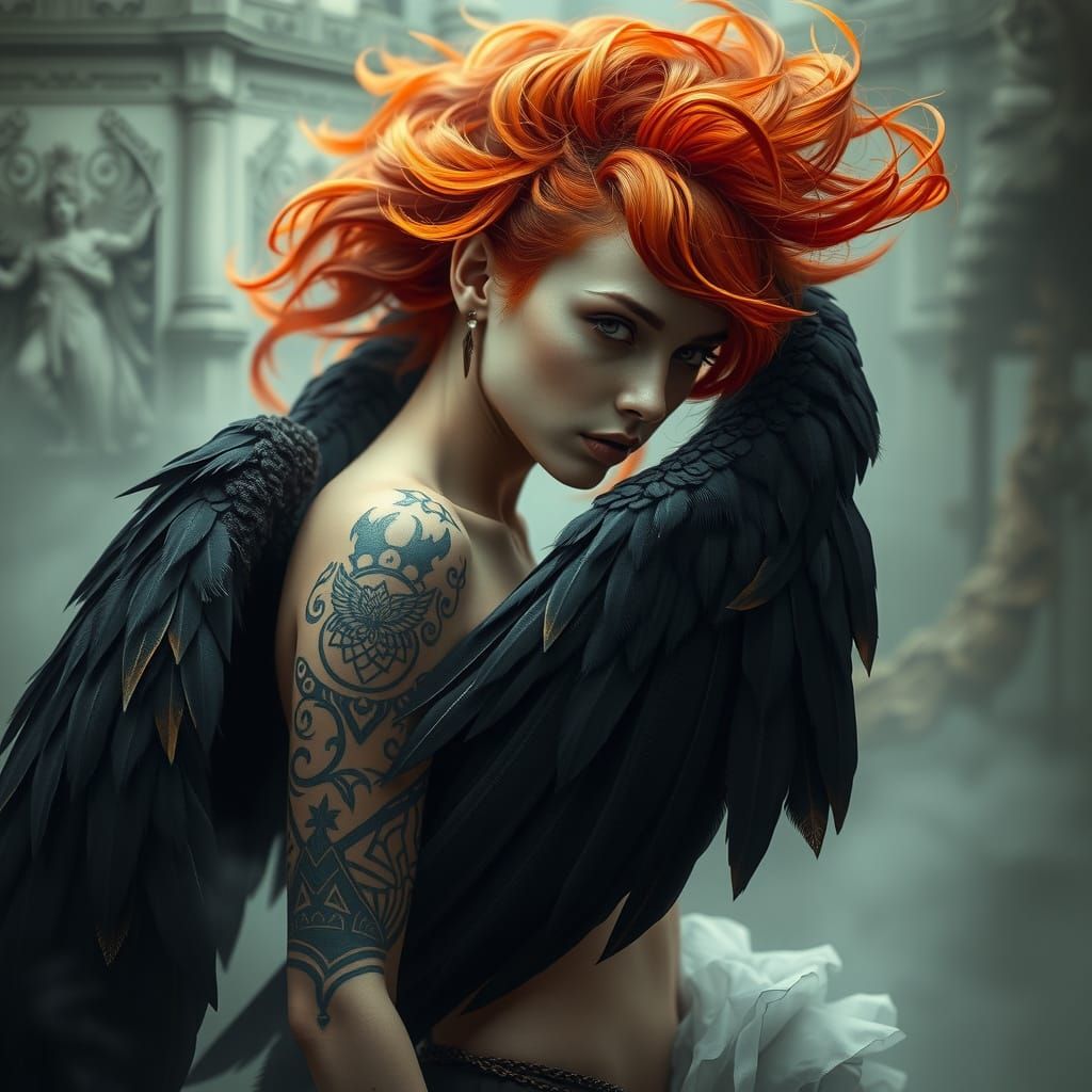 Fiery Angel with Tribal Tattoos and Feather Wings