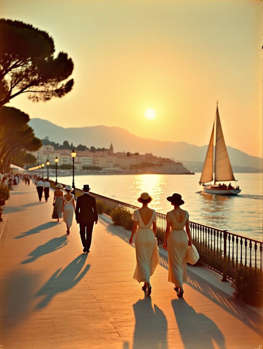 Elegant Riviera Strollers in Soft Focus Sunset