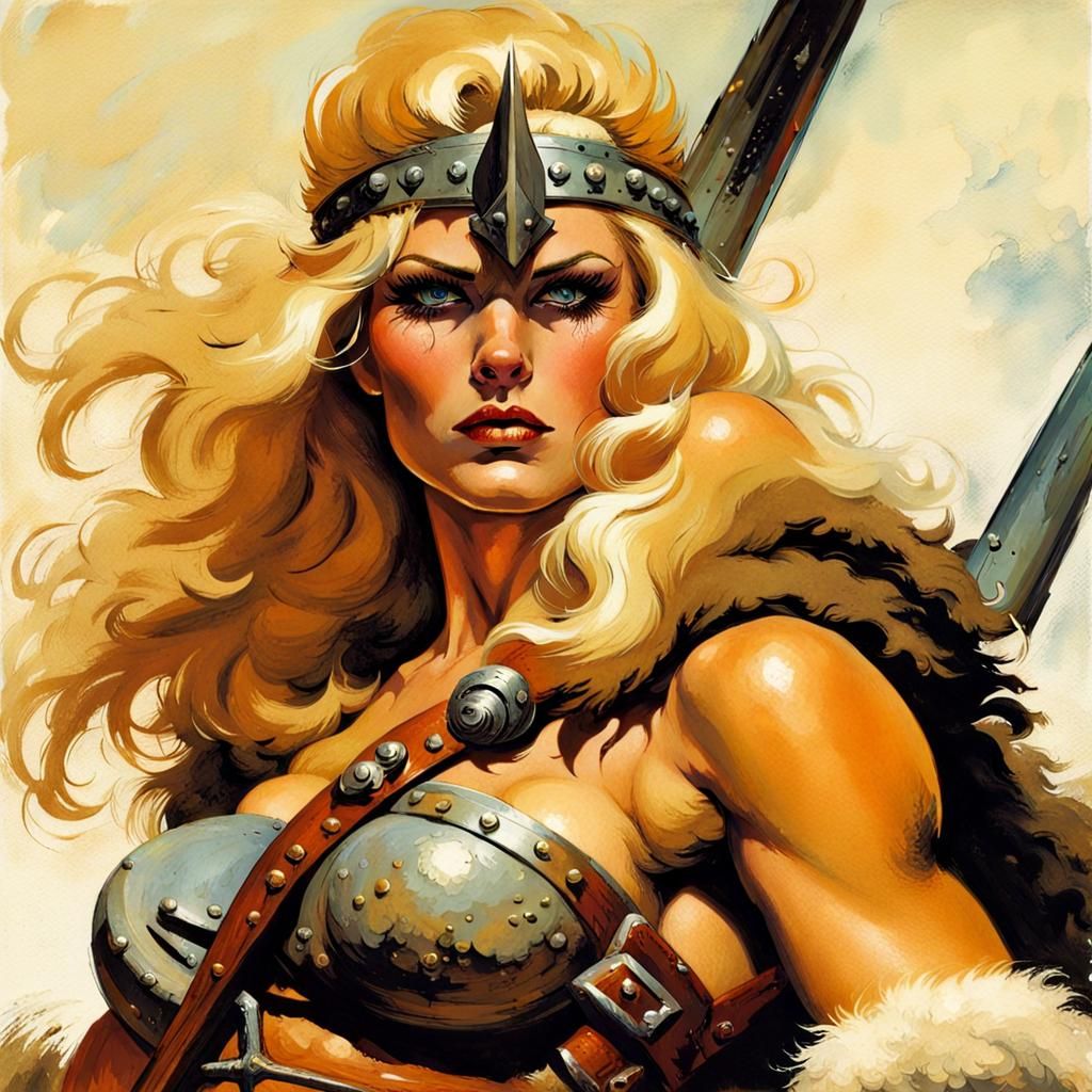 Confident Blonde Barbarian Woman in Frazetta Style