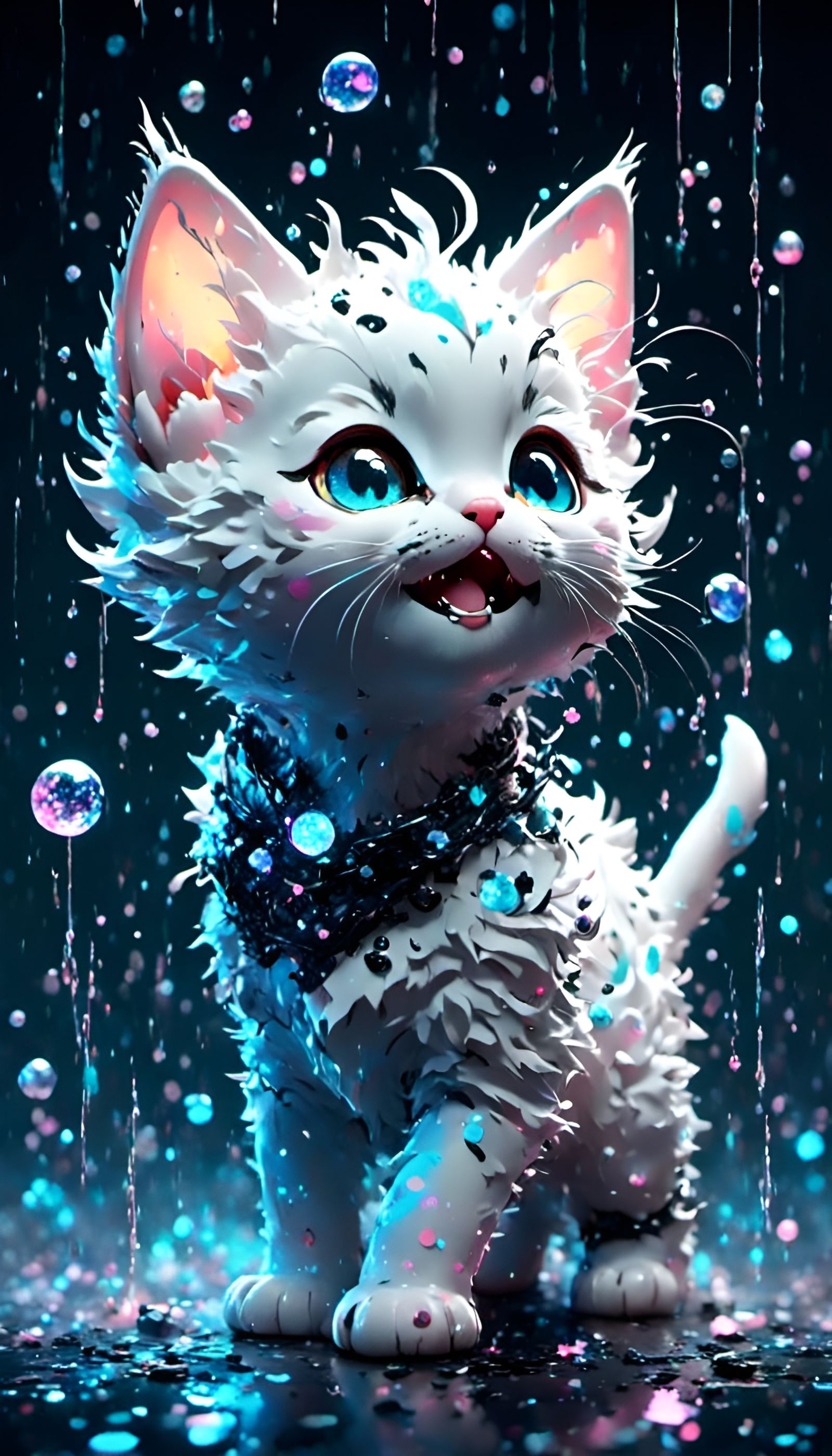 Fearsome Chibi Kitten Growling Under Starry Sky
