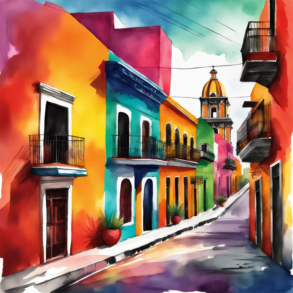 Vibrant Watercolor Illustration of a Mexican Downtown