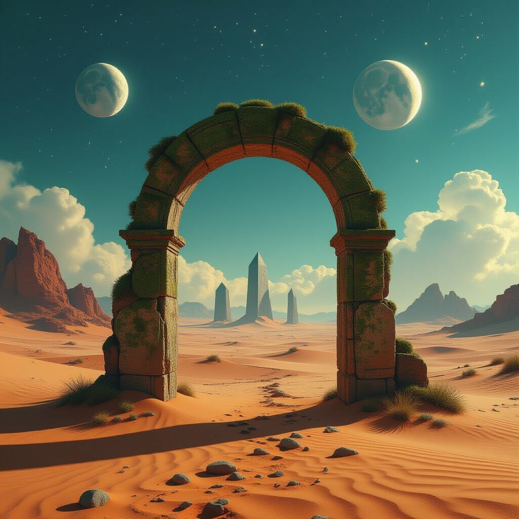 Alien Desert Archway Under Cosmic Sky