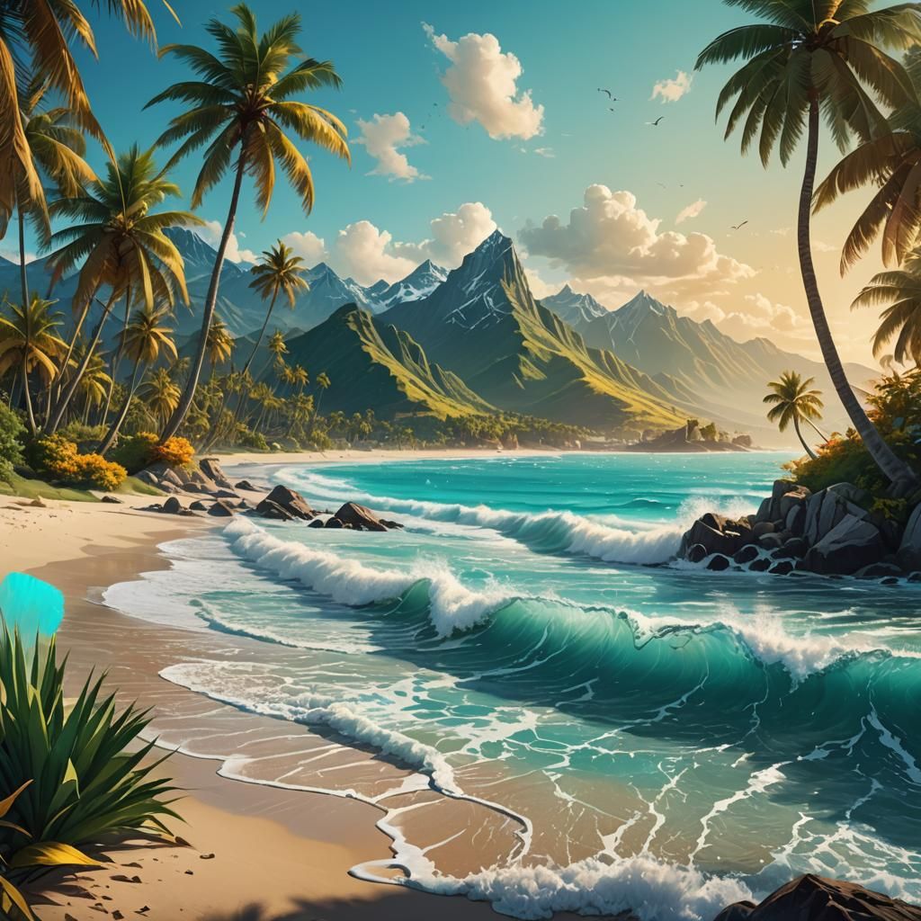 Beach Meets Snowy Mountains in Vibrant Fantasy Art