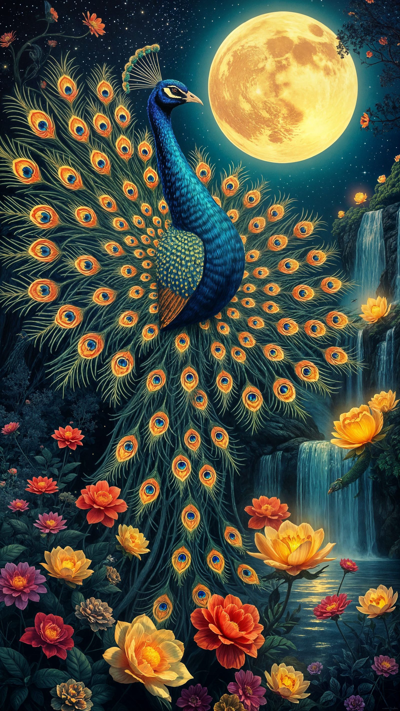 Ethereal Peacock Unfurls in Dreamlike Moonlit Garden