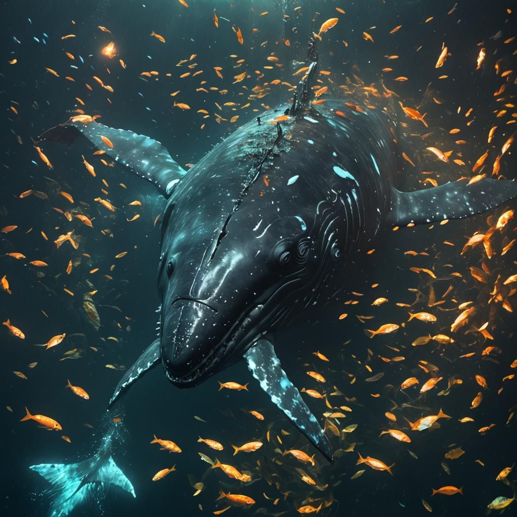 Rotting Whale in Bioluminescent Dark Fantasy Ocean