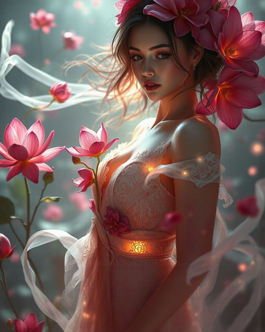 Scarlett in Lace: Hyperrealistic Floral Portrait