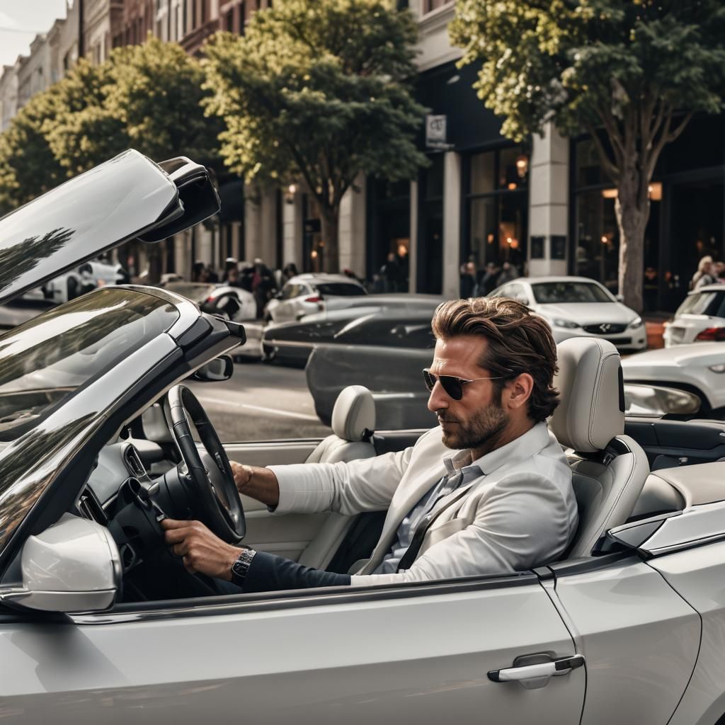 Hyperrealistic Man Driving a White Convertible Car