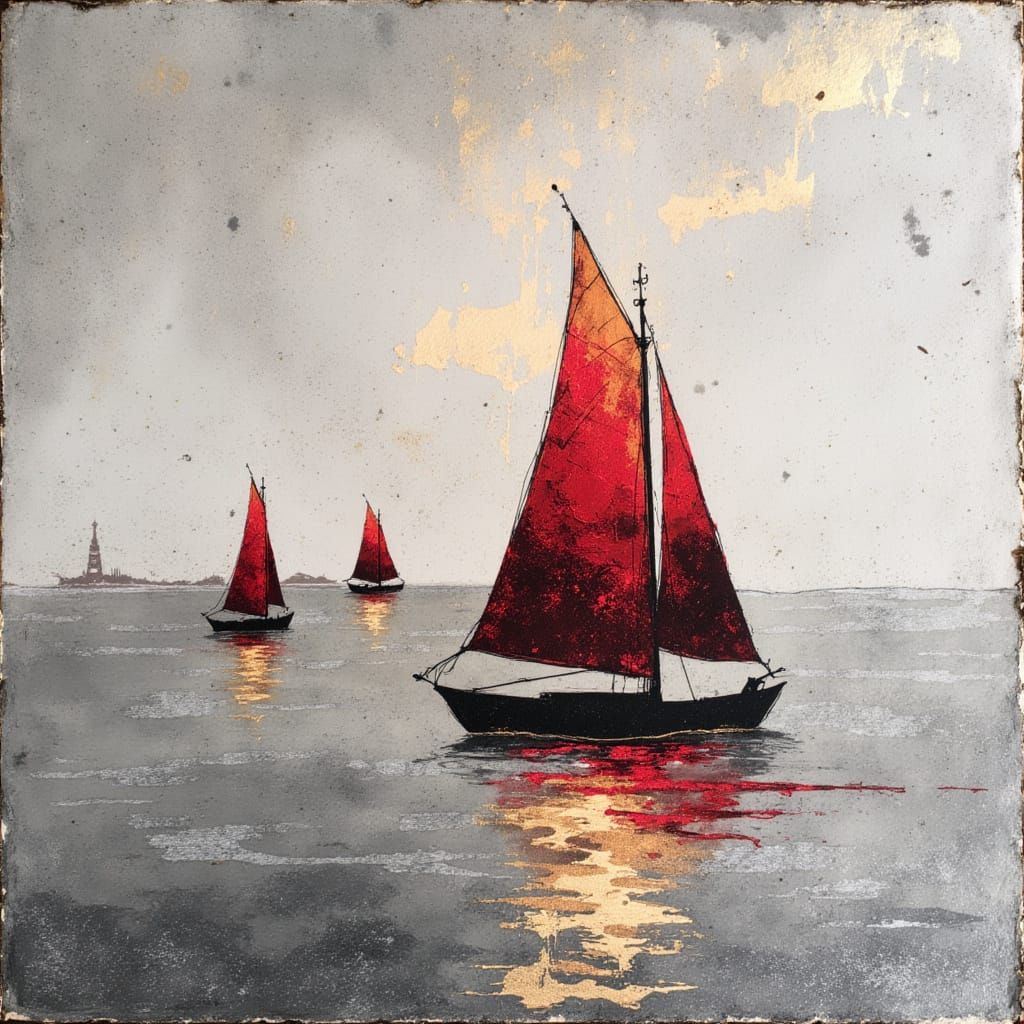 Minimalist Red Boats on Calm Water in Abstract Impressionist...