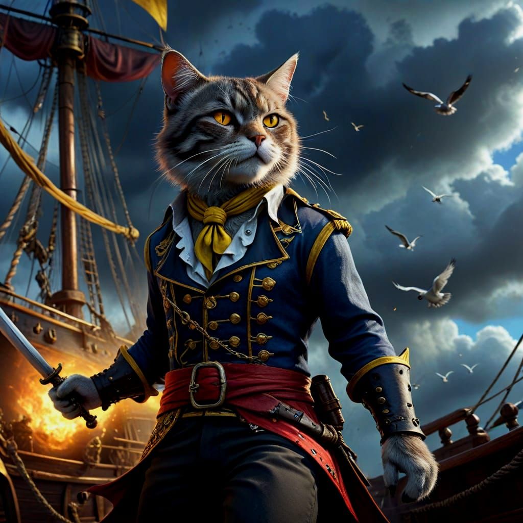 Cinematic Pirate Cat at Helm as Digital Art