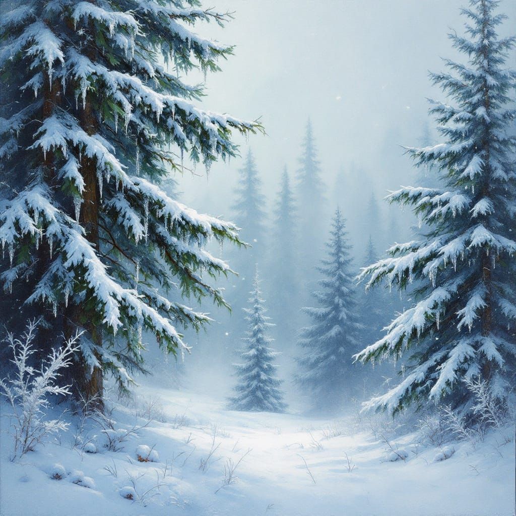 Frozen Fir Forest in Impressionist Blue-Green Hues