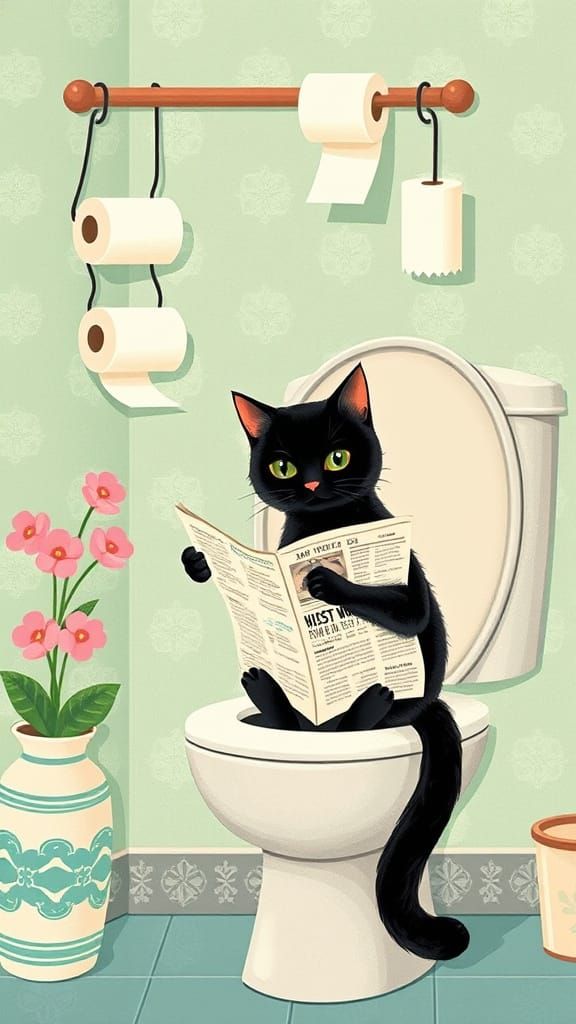 Whimsical Feline in Japanese Woodblock Style