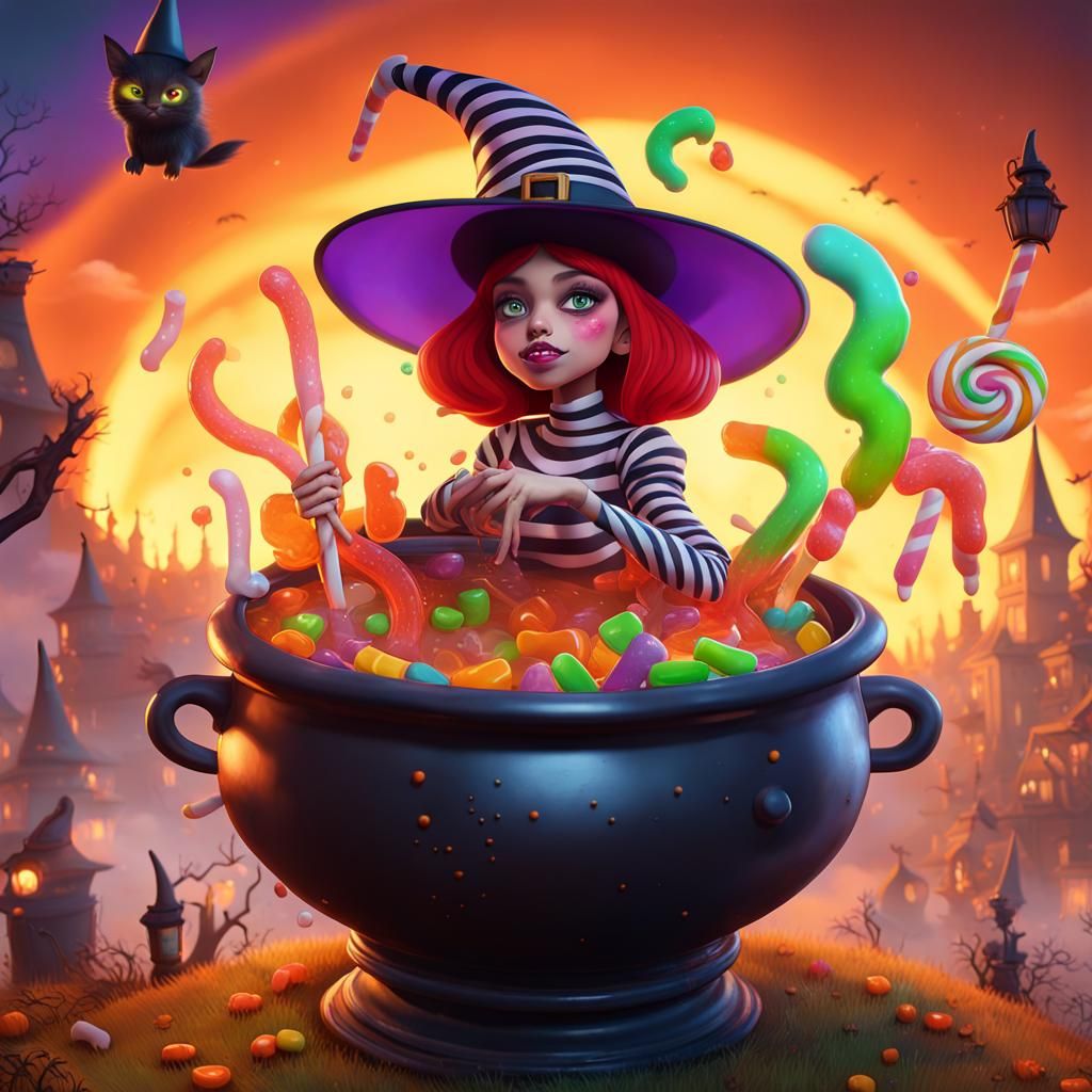 Whimsical Witch Brewing Potion in Candy Cauldron