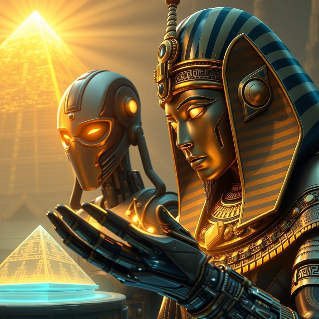 Pharaoh Shows Treasures to Cyborg with Holographic Pyramid