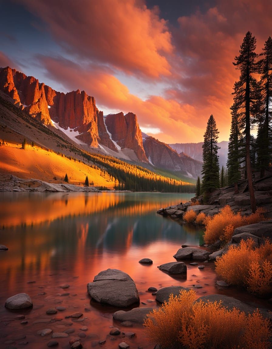 Serene Mountain Lake Ablaze with Warm Golden Light at Sunris...