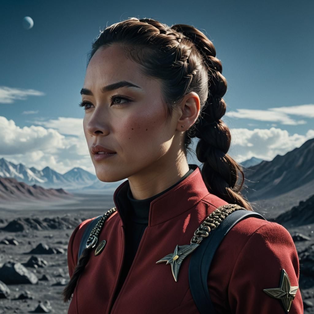 Cinematic Close-Up: Woman in Red Uniform on Alien Planet