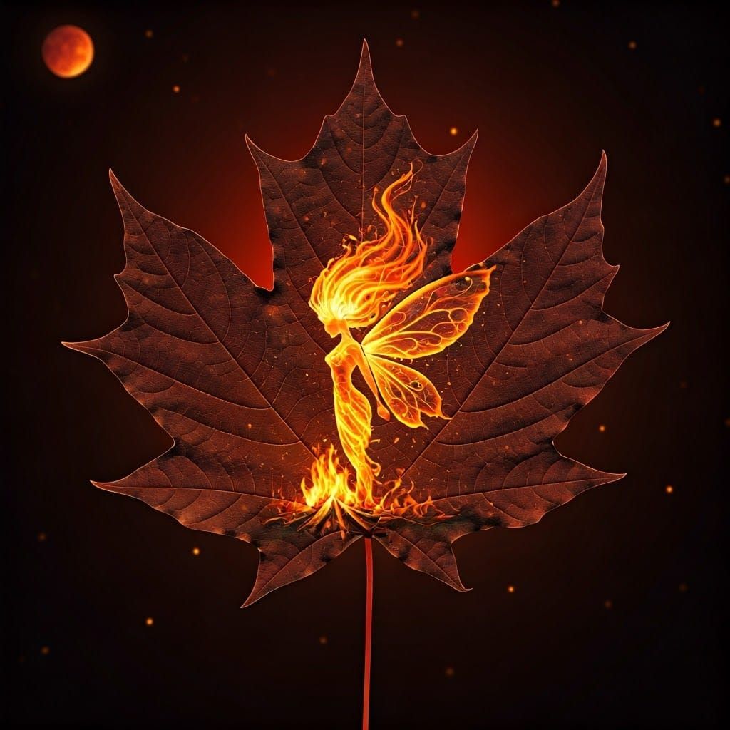 Fire Fairy Rising from Campfire Under Fiery Moon