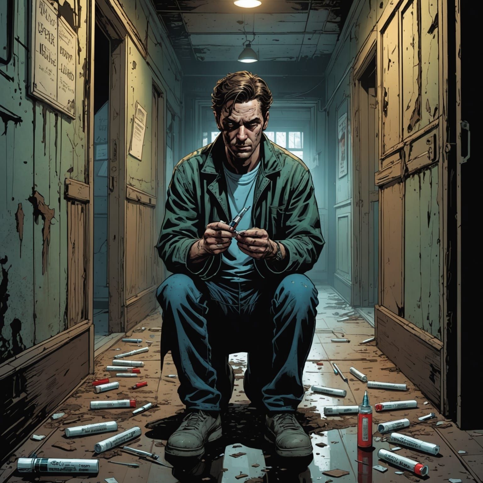 Sick Man in Dilapidated Building: Comic Book Art