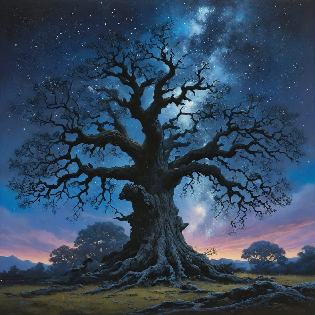 Ancient Oak Tree Under Swirling Nebulae Sky