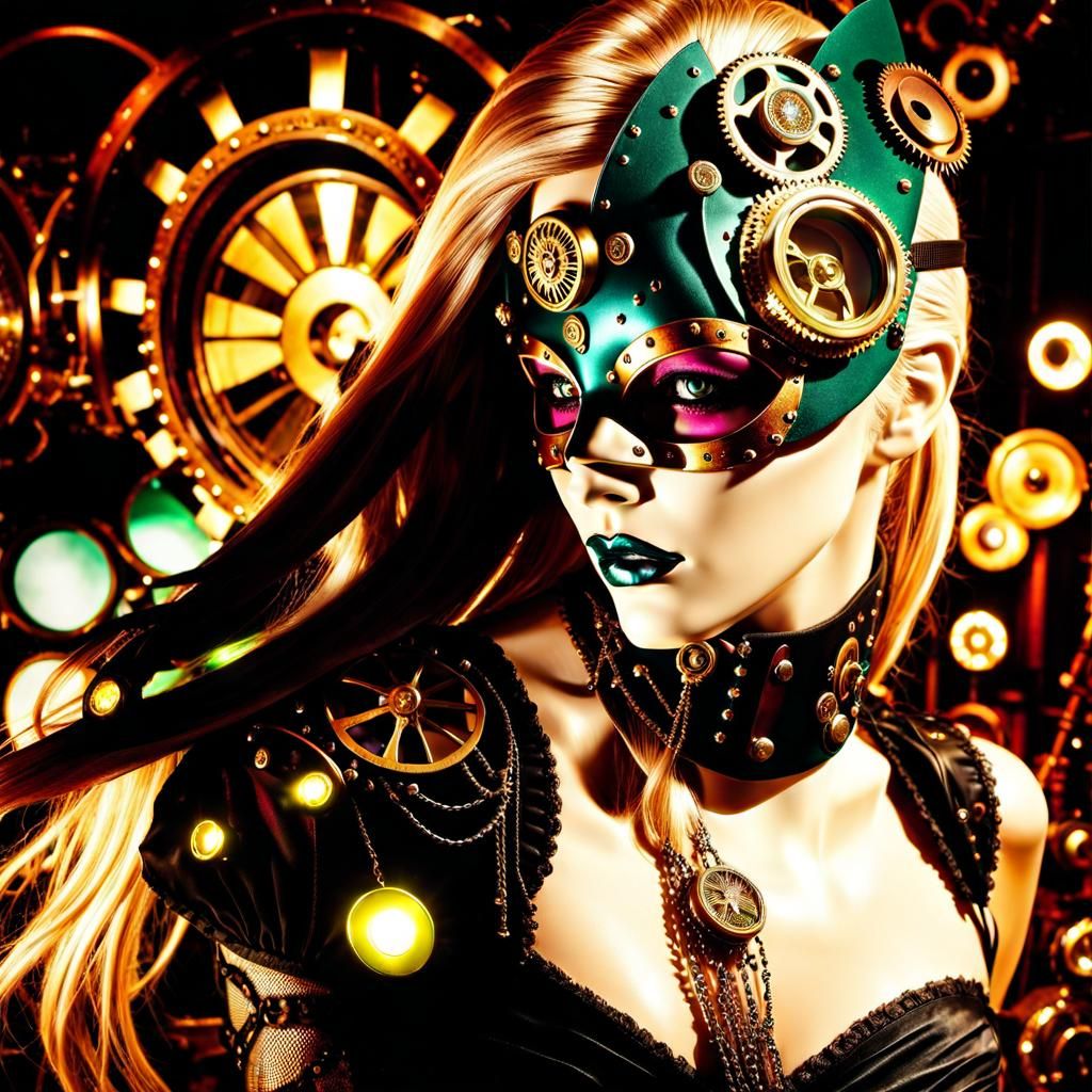 Steampunk Mask in Psychedelic Nightclub, Hyperrealistic Styl...